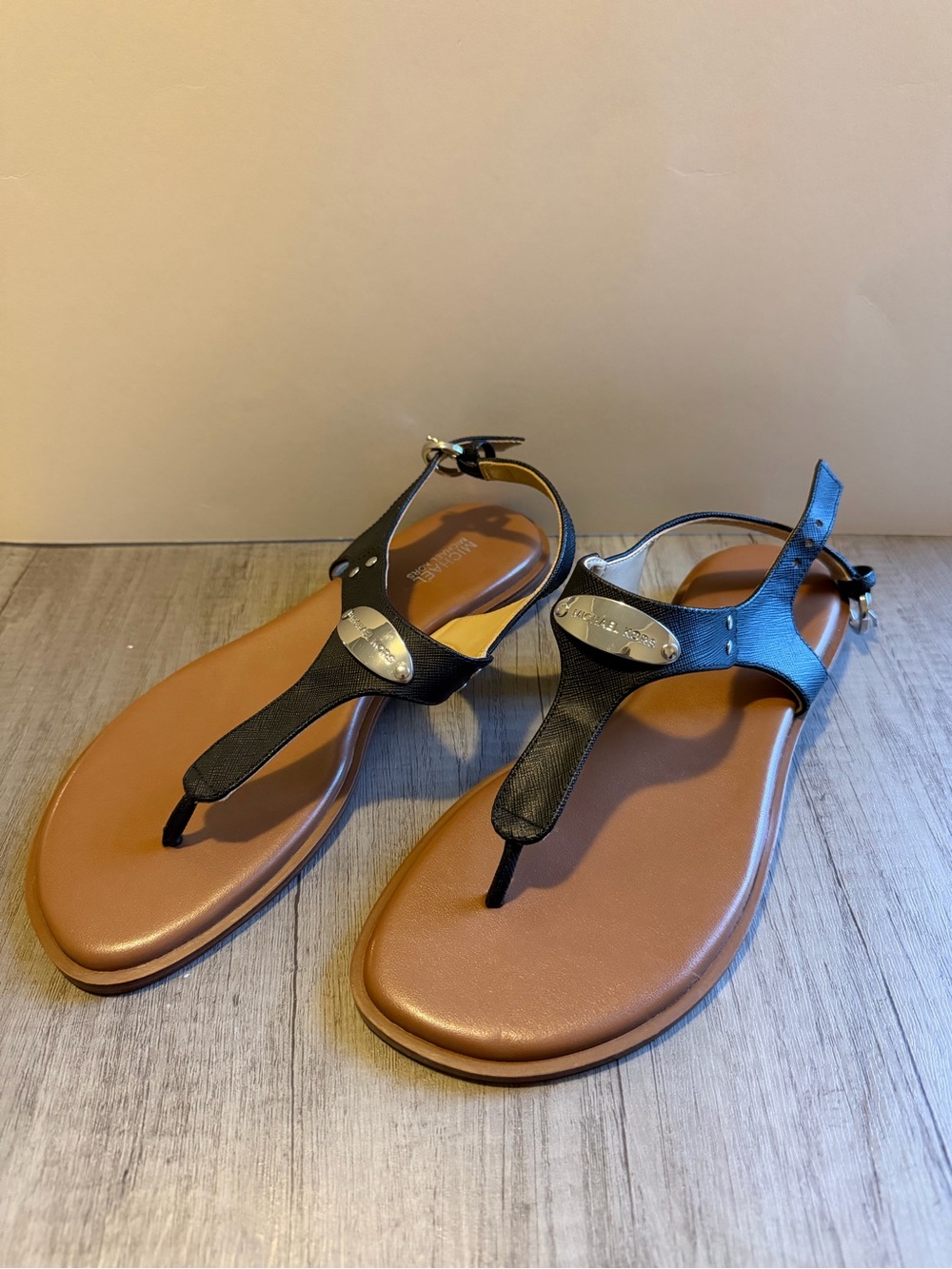 Michael Kors Black T-Strap Sandals with Tan Footbed